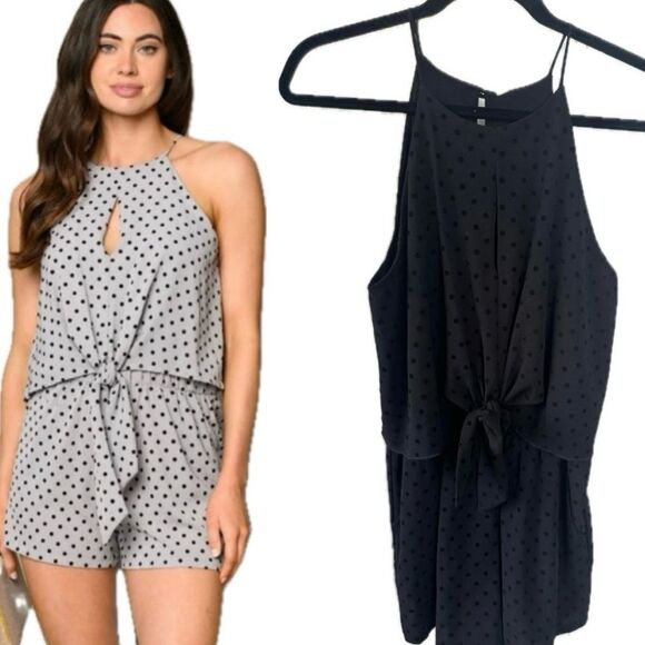 Tyche Polka Dot Spaghetti Straps Keyhole Front Tie Playsuit Romper Pockets L - Picture 1 of 8